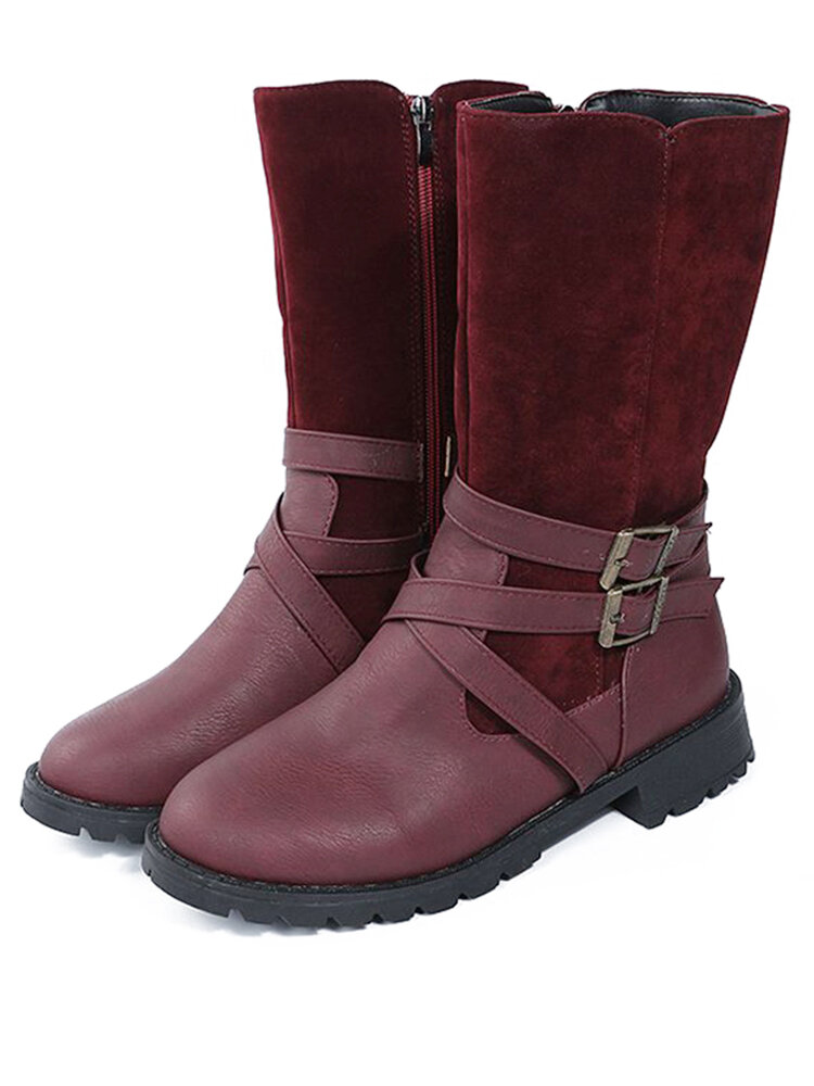 
	Large Size Women Buckle Design Side Zipper Casual Mid Calf Boots