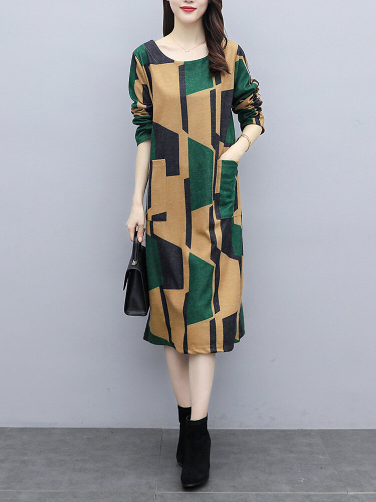 
	Geo Print Pocket O-neck Long Sleeve Vintage Dress