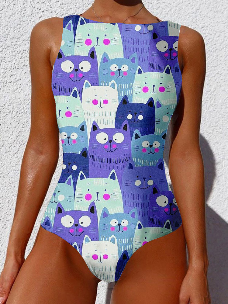 
	Women Cute Cartoon Cat Print High Neck One Piece Sleeveless Slimming Swimsuit