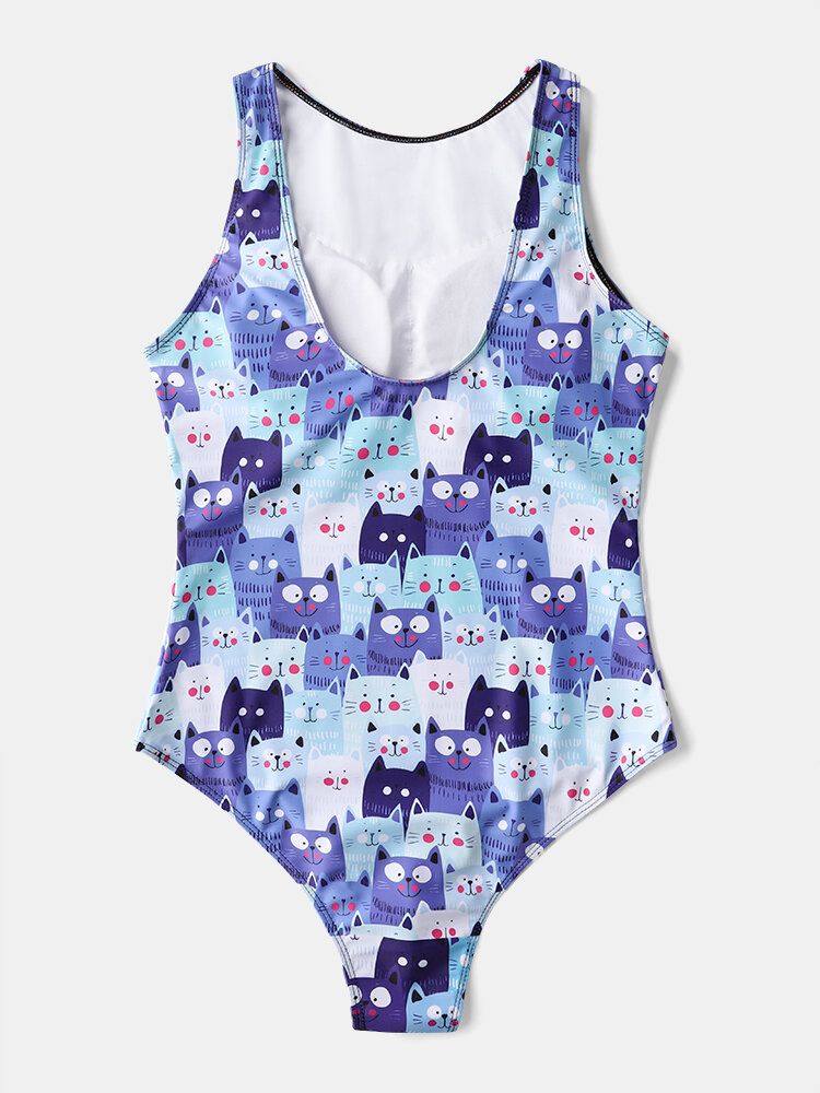 
	Women Cute Cartoon Cat Print High Neck One Piece Sleeveless Slimming Swimsuit