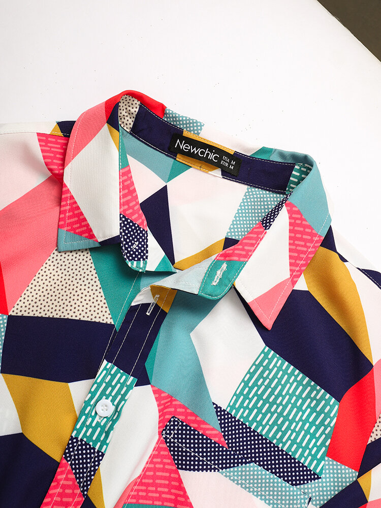 
	Designer Mens Colorful Mixed Colorblock Lapel Holiday Short Sleeve Hawaiian Shirts