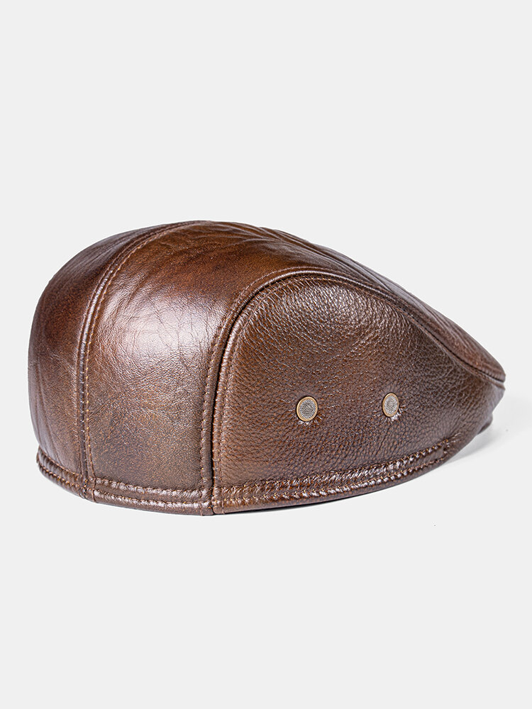 
	Men Genuine Leather Keep Warm Plus Thickness Cotton Windproof Ear Protection Forward Hat Beret Hatd Duck Tongue Hat