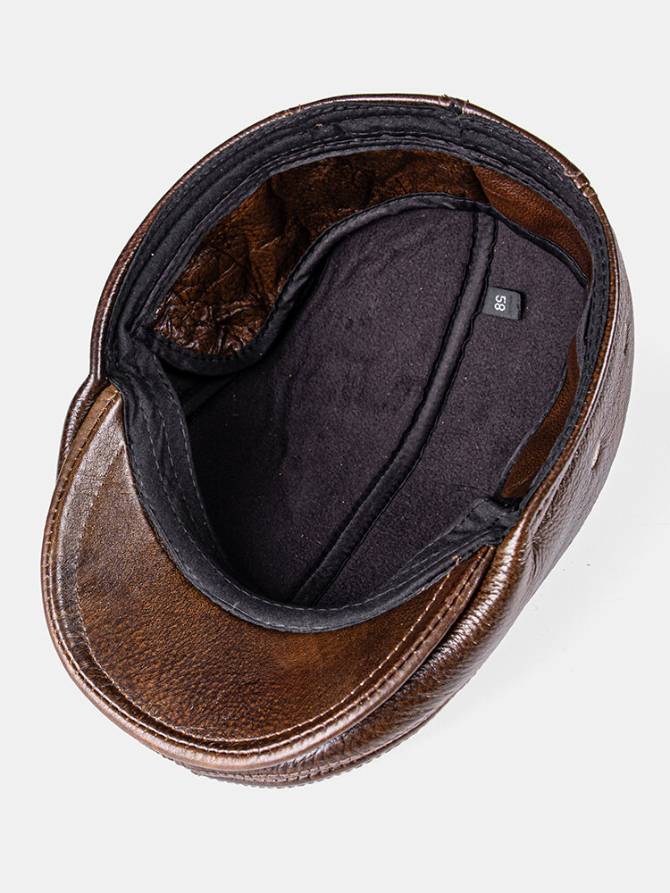 
	Men Genuine Leather Keep Warm Plus Thickness Cotton Windproof Ear Protection Forward Hat Beret Hatd Duck Tongue Hat