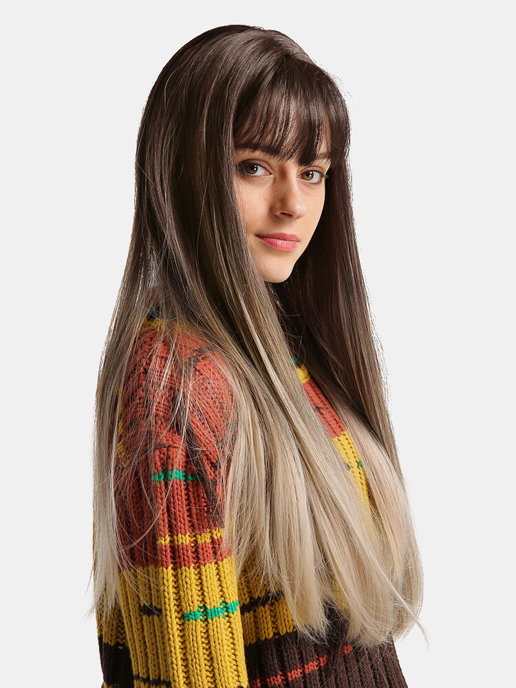 
	24 Inch Brown Gradient Milk Tea Color Neet Bangs Long Hair Wig Vertical Natural Soft Wig