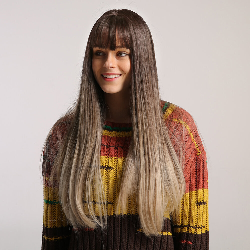 
	24 Inch Brown Gradient Milk Tea Color Neet Bangs Long Hair Wig Vertical Natural Soft Wig