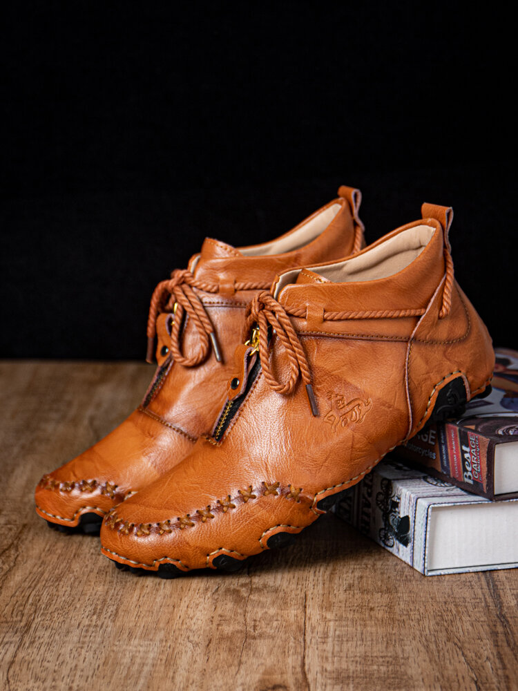 
	Men Cow Leather Front Zipper Non Slip Soft Hand Stitching Ankle Boots