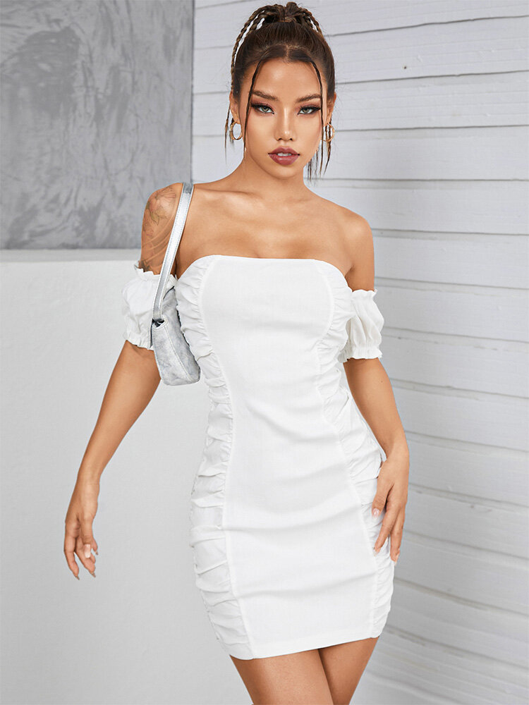 
	Solid Backless Folds Off The Shoulder Puff Sleeve Sexy Dress