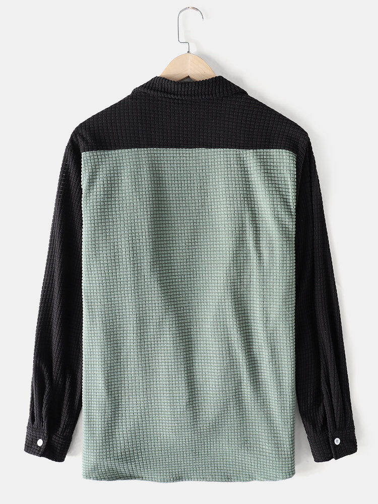 
	Mens Colorblock Patchwork Corduroy Lapel Long Sleeve Shirts With Pocket