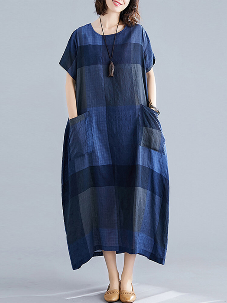 
	Vintage Plaid Print Short Sleeve Plus Size Dress with Pockets