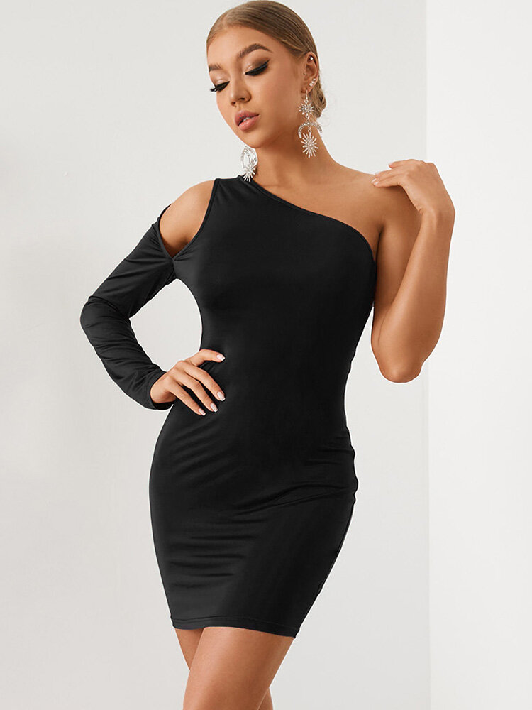 
	Solid Irregular One Shoulder Long Sleeve Bodycon Mini Dress