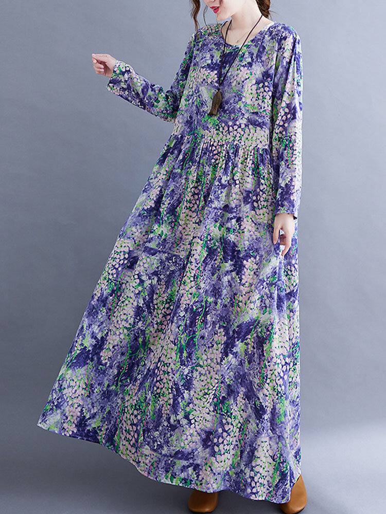 
	Floral Print Loose Long Sleeve O-neck Women Swing Dress