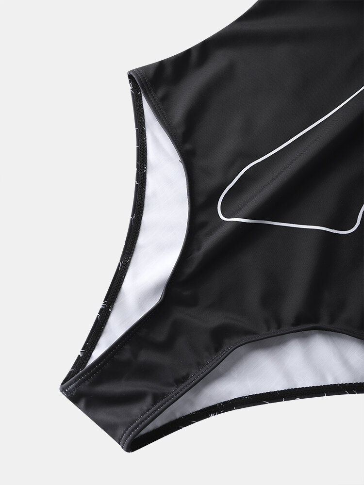 
	Women Line Drawing Abstract Print High Neck Sleeveless One Piece Slimming Swimsuit