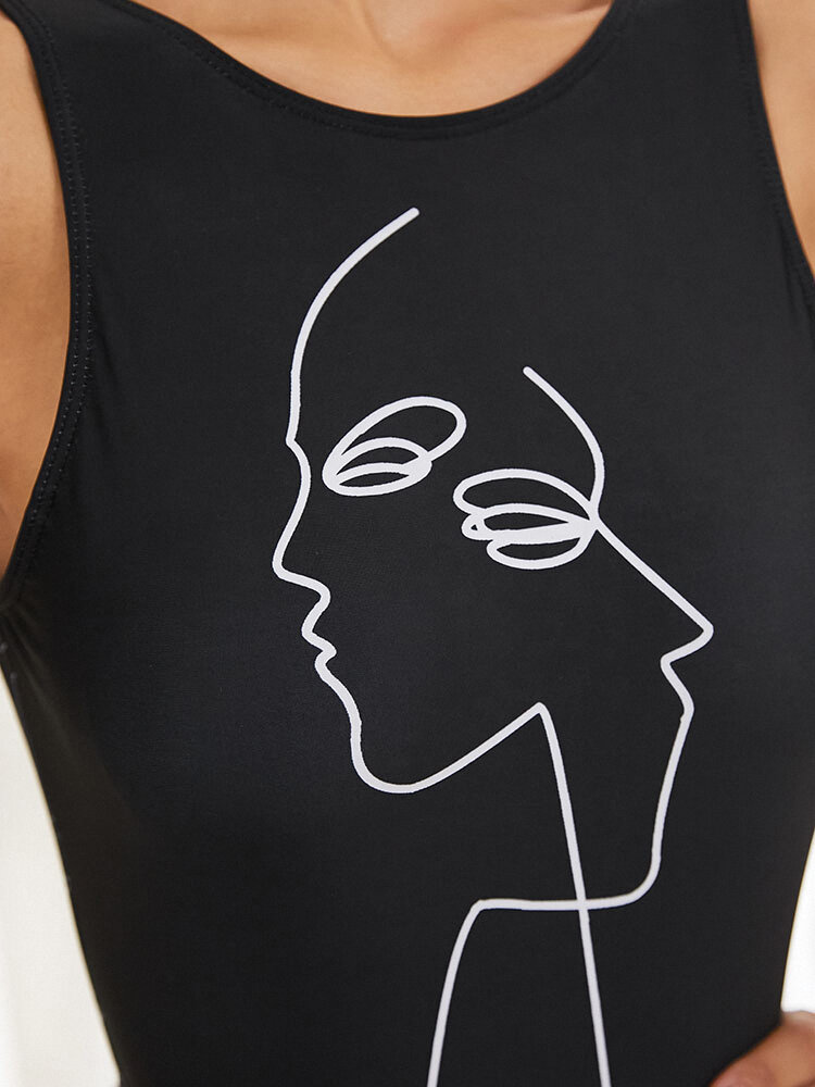
	Women Line Drawing Abstract Print High Neck Sleeveless One Piece Slimming Swimsuit