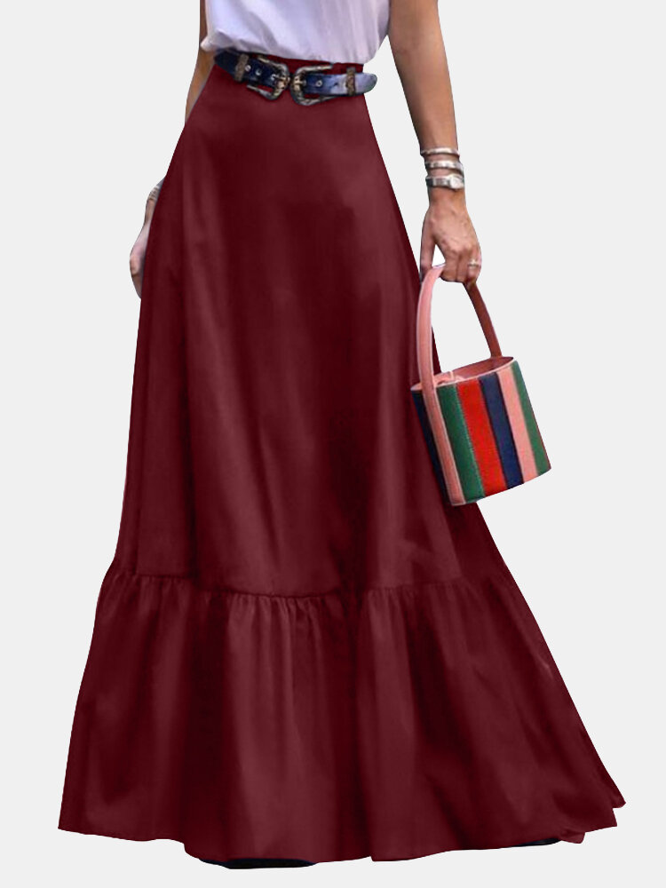 
	Solid Color Ruffle Hem Casual Long Skirt