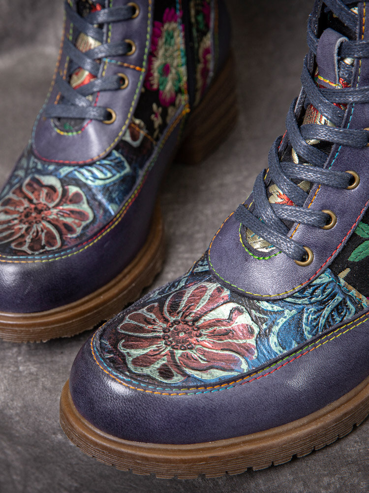 
	Socofy Vintage Floral Embossed Embroidery Leather Side-zip Comfy Warm Lining Chunky Low Heel Short Boots