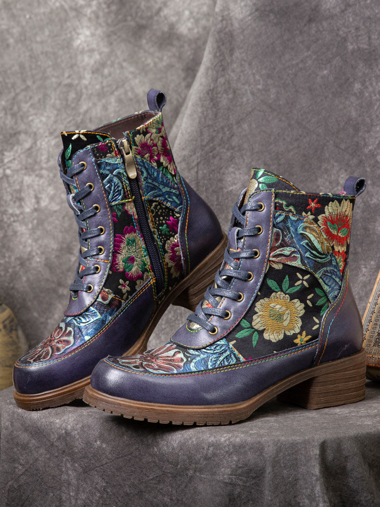 
	Socofy Vintage Floral Embossed Embroidery Leather Side-zip Comfy Warm Lining Chunky Low Heel Short Boots