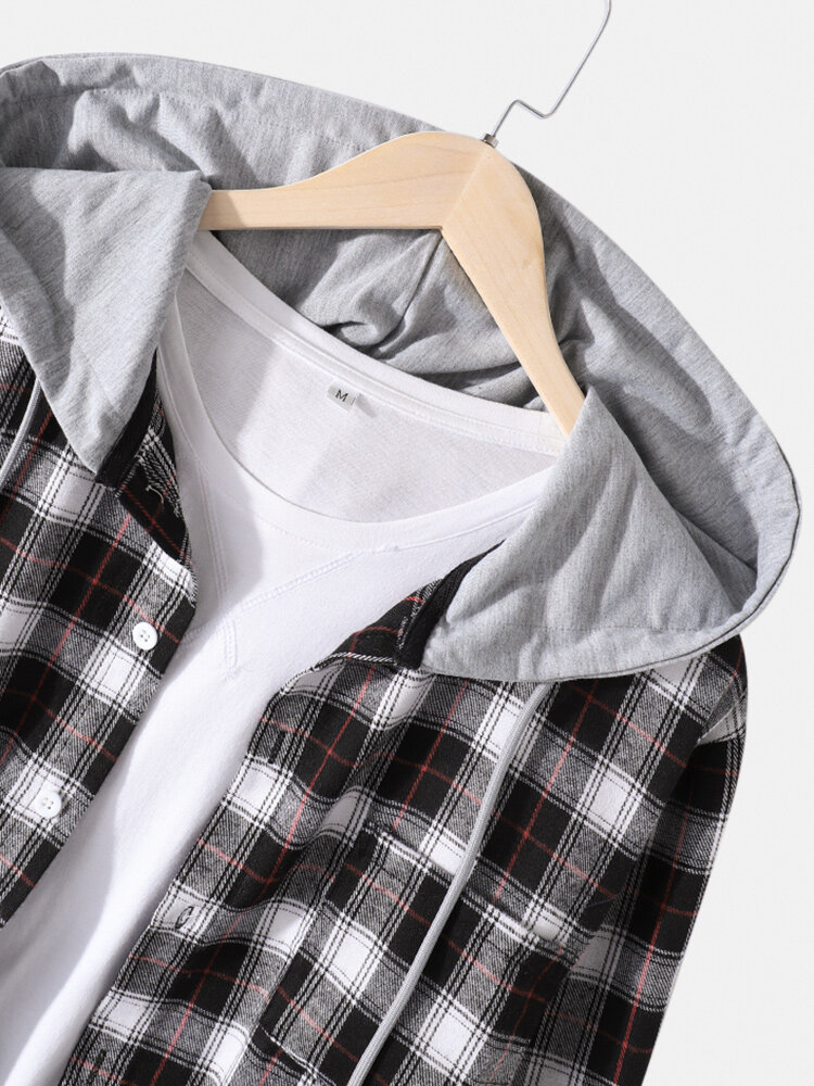 
	Mens Cotton Plaid Button Up Long Sleeve Casual Drawstring Hooded Shirts