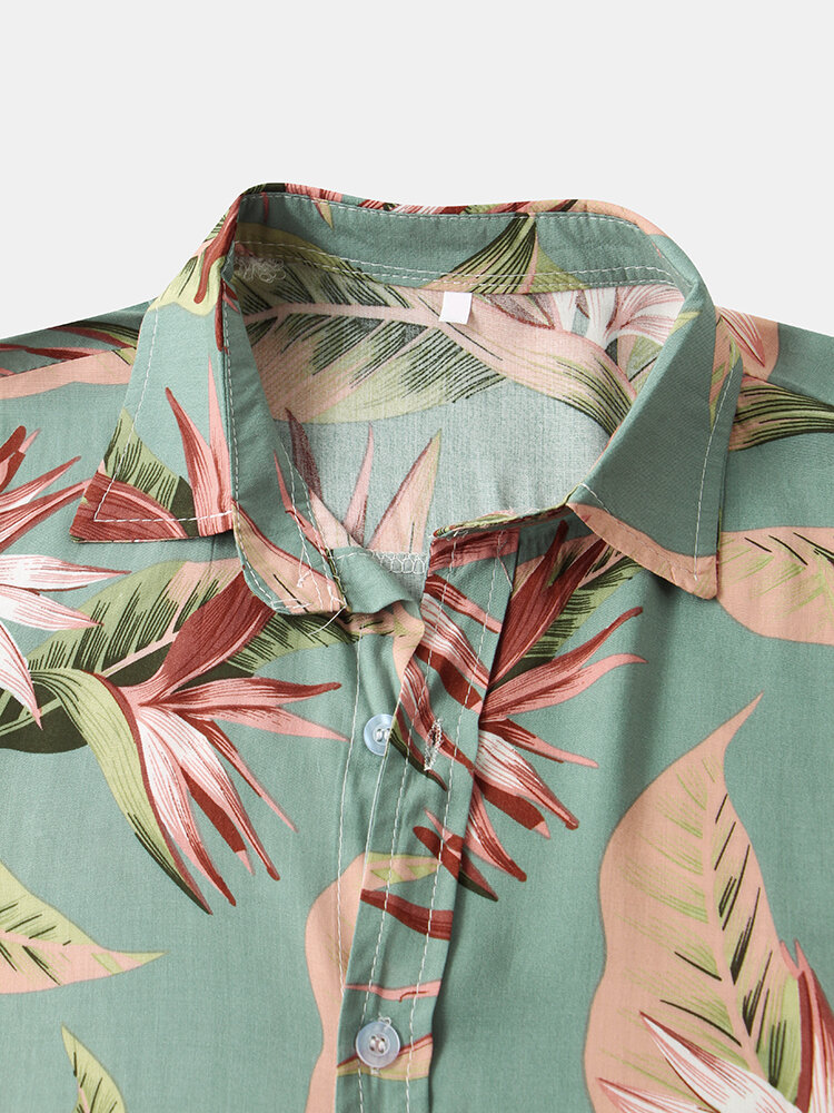 
	Mens Classical Oil Print Leaf Turn Down Collar Short Sleeve Shirts