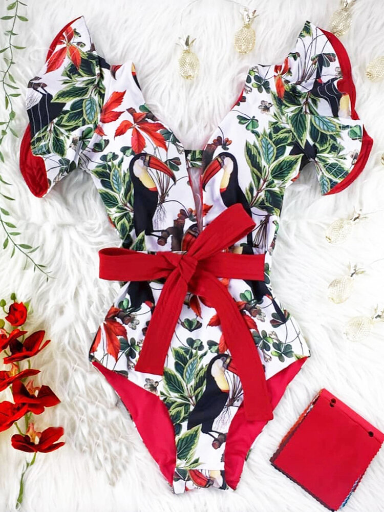 
	Women Floral Print Plunge Neck Lace Up Ruffle Sleeve Belted One Piece Swimsuit