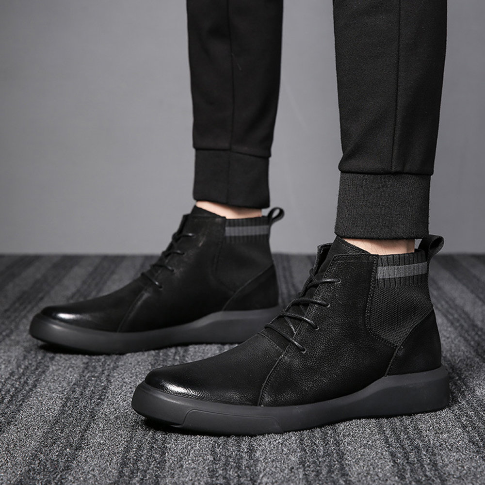 
	Men Retro Color Leather Fabric Splicing Non-slip Soft Sole Casual Boots