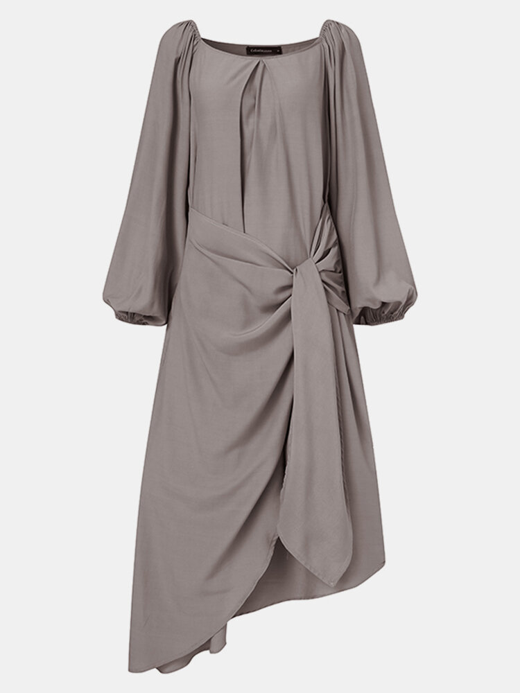 
	Solid Color Knotted Lantern Long Sleeve Casual Dress For Women