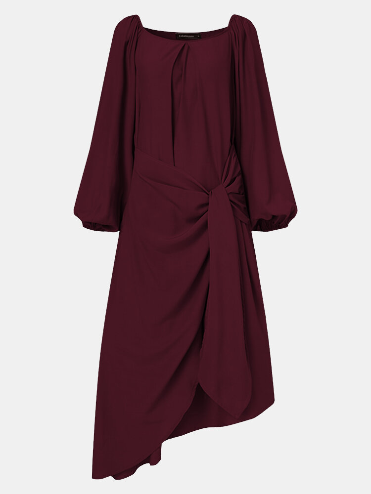 
	Solid Color Knotted Lantern Long Sleeve Casual Dress For Women