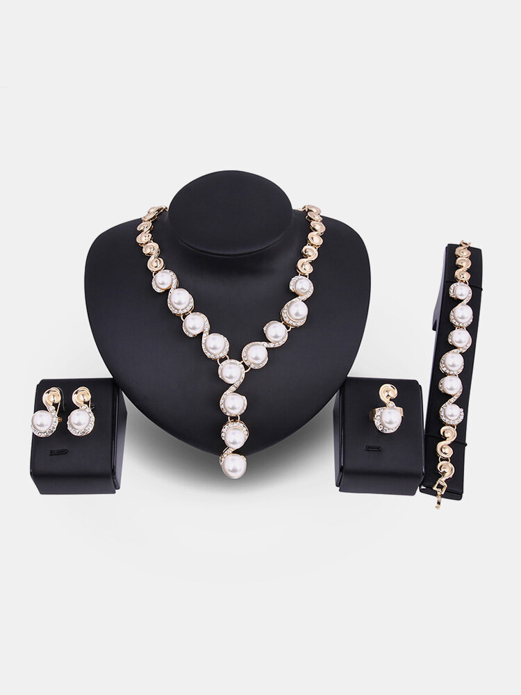 
	18K Gold Necklace Pearl Earrings Ring Rhinestone Wedding Party Jewelry Set Gift for Women