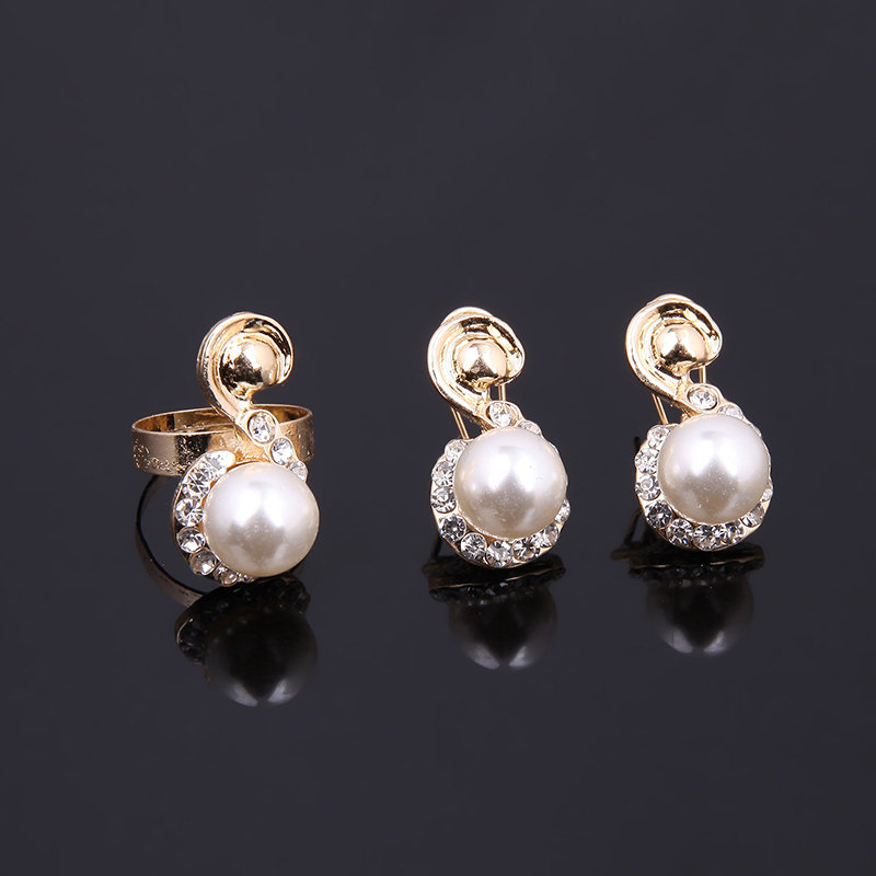 
	18K Gold Necklace Pearl Earrings Ring Rhinestone Wedding Party Jewelry Set Gift for Women