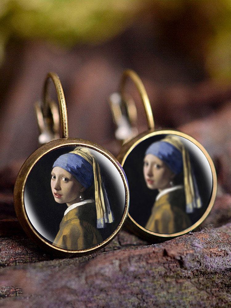 
	Vintage Glass Gemstone Dangle Earrings Famous Oil Printing Women Pendant Earrings