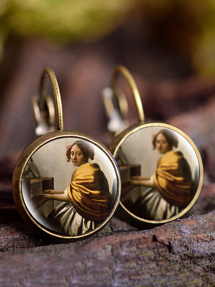 
	Vintage Glass Gemstone Dangle Earrings Famous Oil Printing Women Pendant Earrings