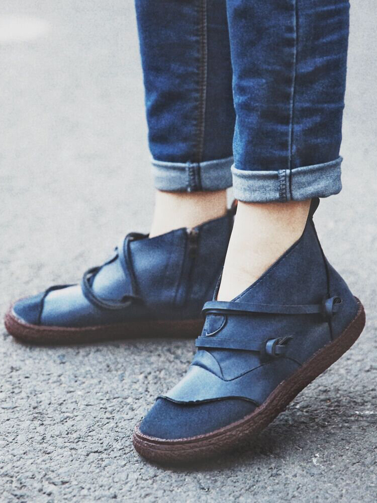 
	Women Retro Suede Patchwork Strappy V Shape Zipper Flat Ankle Boots