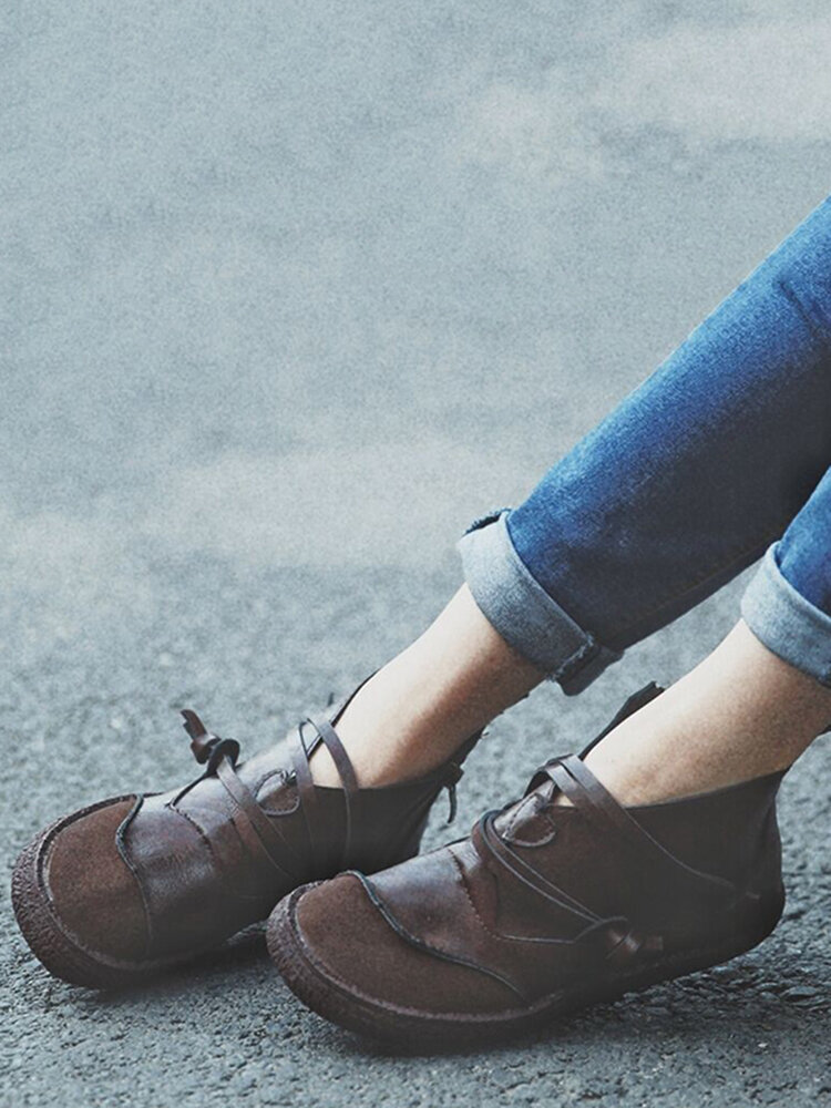 
	Women Retro Suede Patchwork Strappy V Shape Zipper Flat Ankle Boots