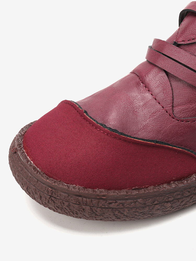 
	Women Retro Suede Patchwork Strappy V Shape Zipper Flat Ankle Boots