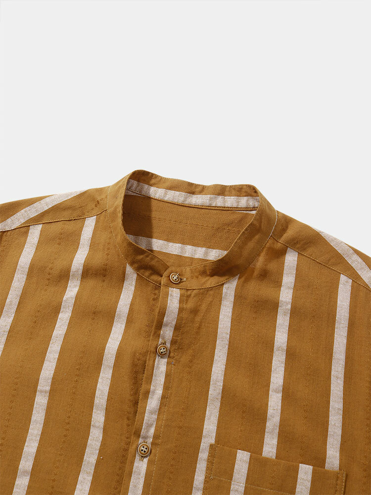 
	Mens 100% Cotton Striped Stand Collar Casual Striped Shrits&Bottoms Two Pieces Outfits