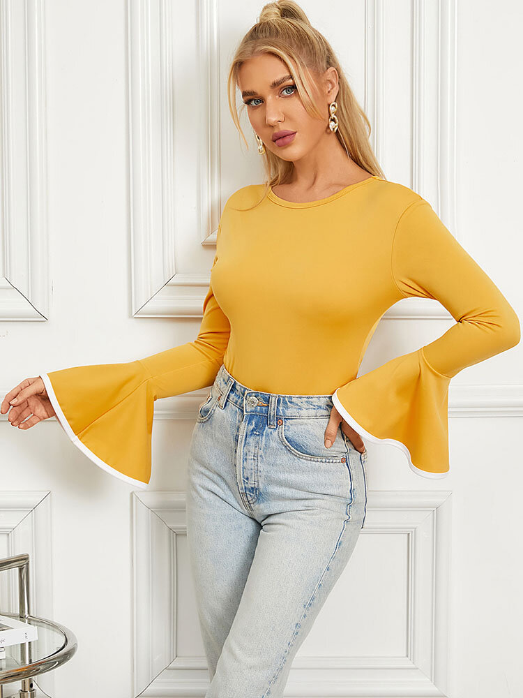 
	Contrast Color Bell Long Sleeve Crew Neck T-shirt