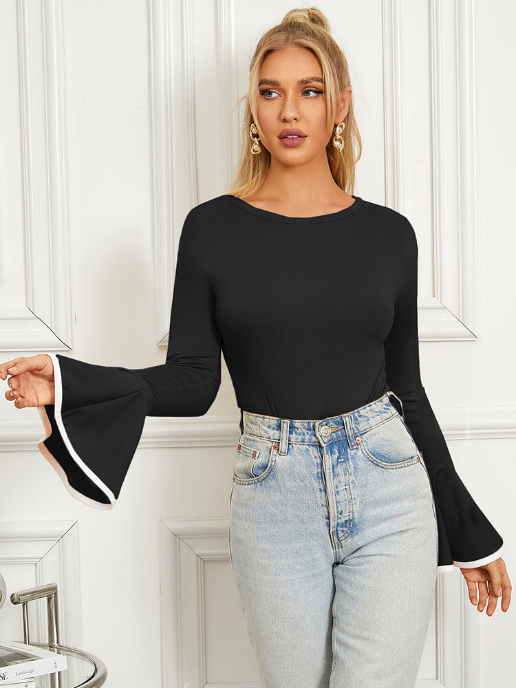 
	Contrast Color Bell Long Sleeve Crew Neck T-shirt