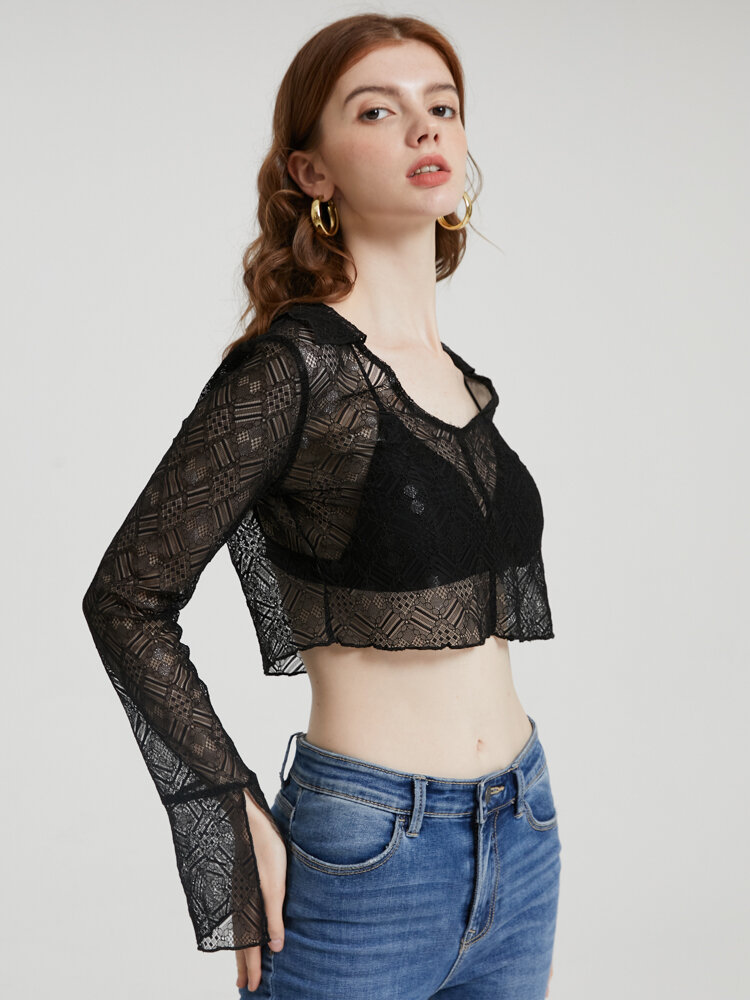 
	Crochet Lace See Through Flounce Sleeve V-neck Crop Top