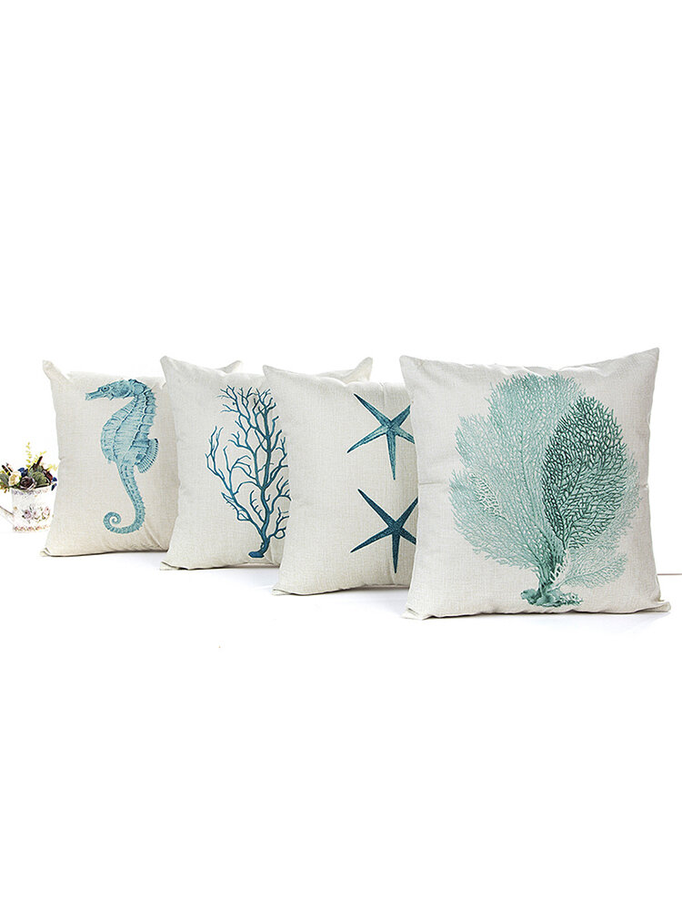 
	1 PC Blue Sea House Starfish Cotton Linen Cushion Cover Square Soft Decorative Throw Pillow Cover Pillowcase