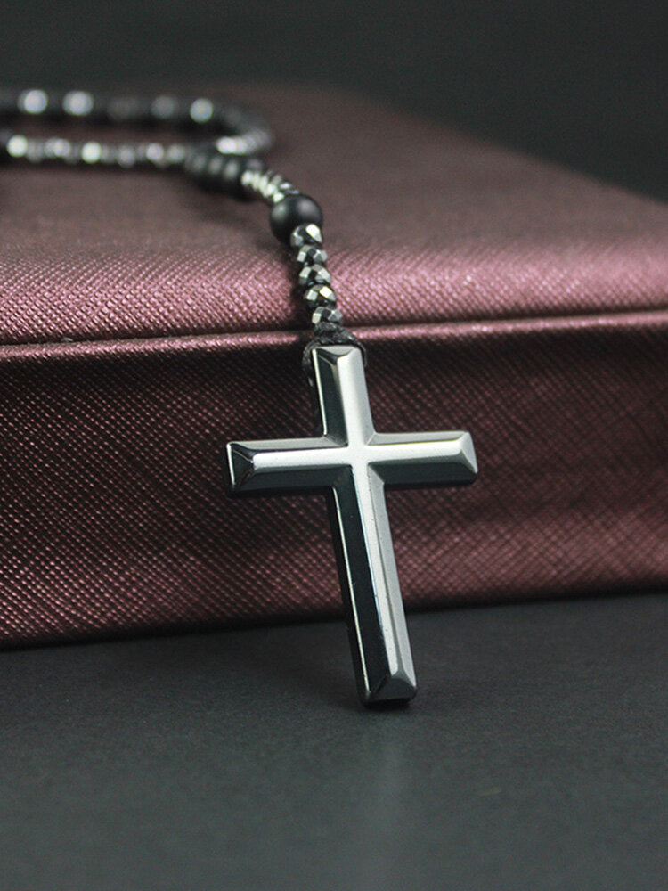 
	Vintage Natural Stone Men Necklace Cross Pendant Beaded Long Sweater Chain Jewelry Gift