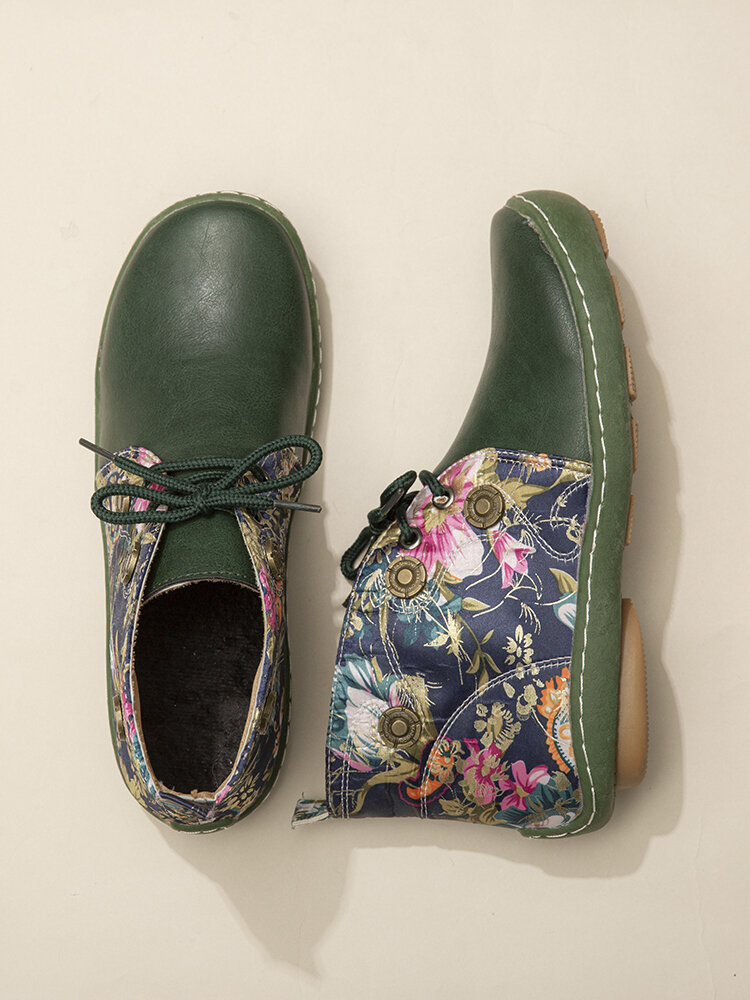 
	LOSTISY Flowers Pattern Splicing Solid Color Round Toe Comfy Lace-up Flat Ankle Boots