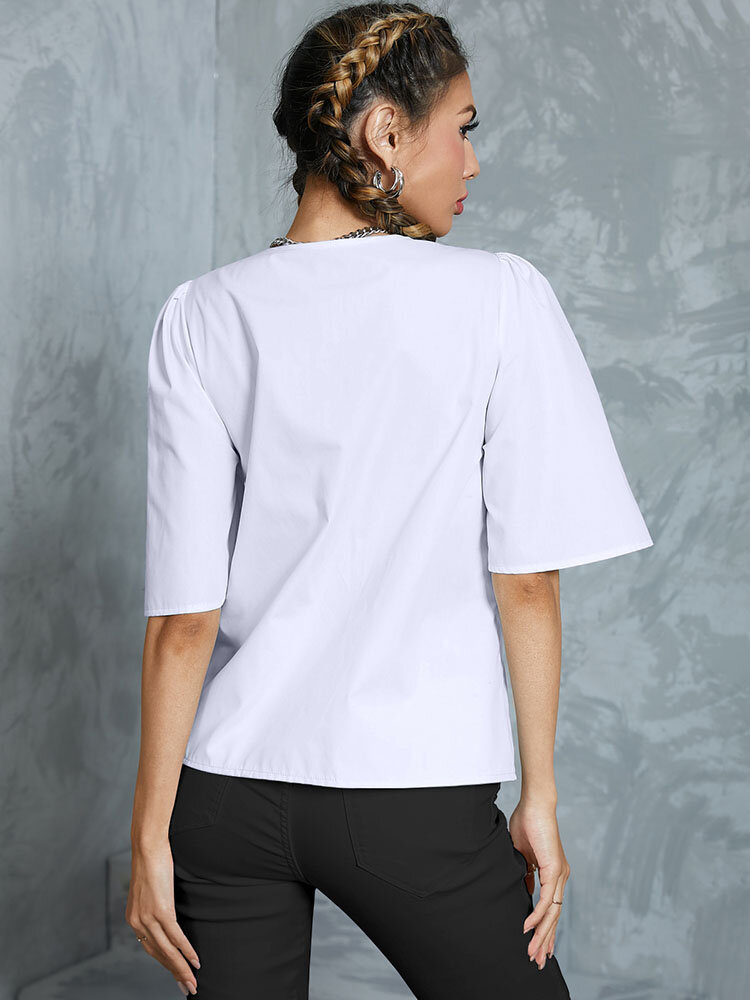 
	Solid Tie Front Half Sleeve Deep V-neck Blouse Women