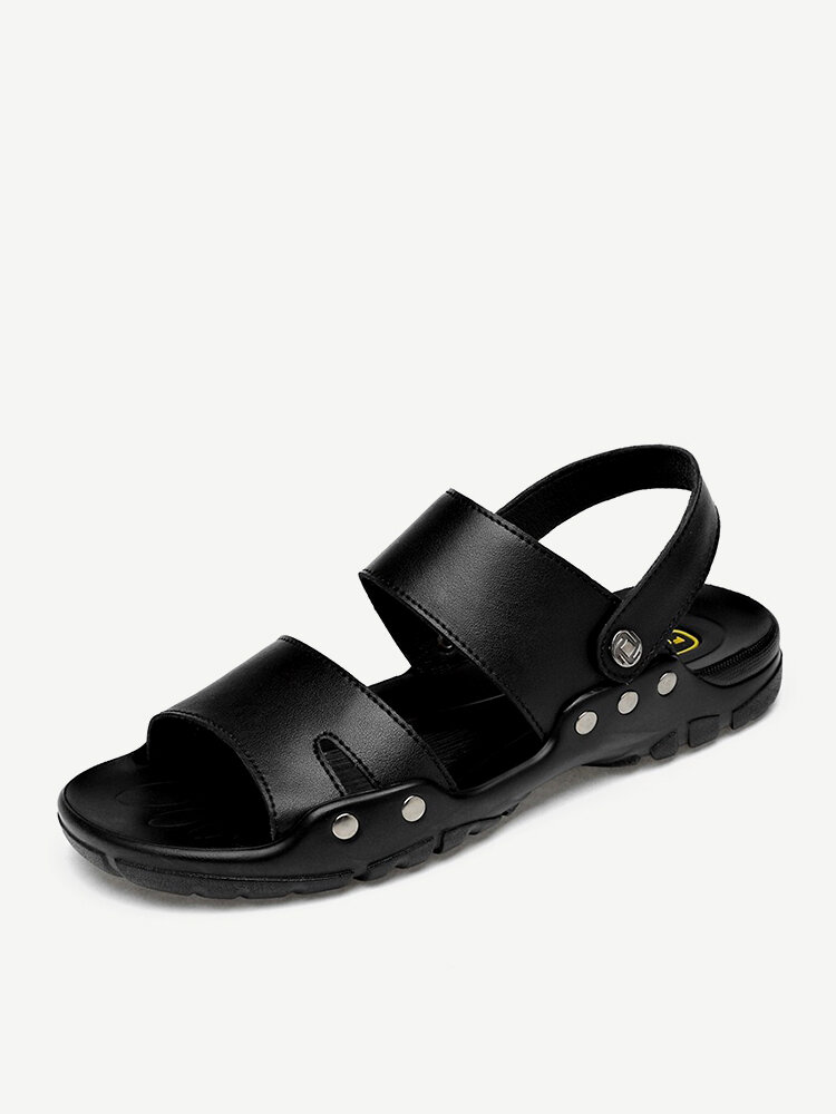 
	Men Pure Color Leather Large Size Non Slip Soft Sole Casual Beach Sandals
