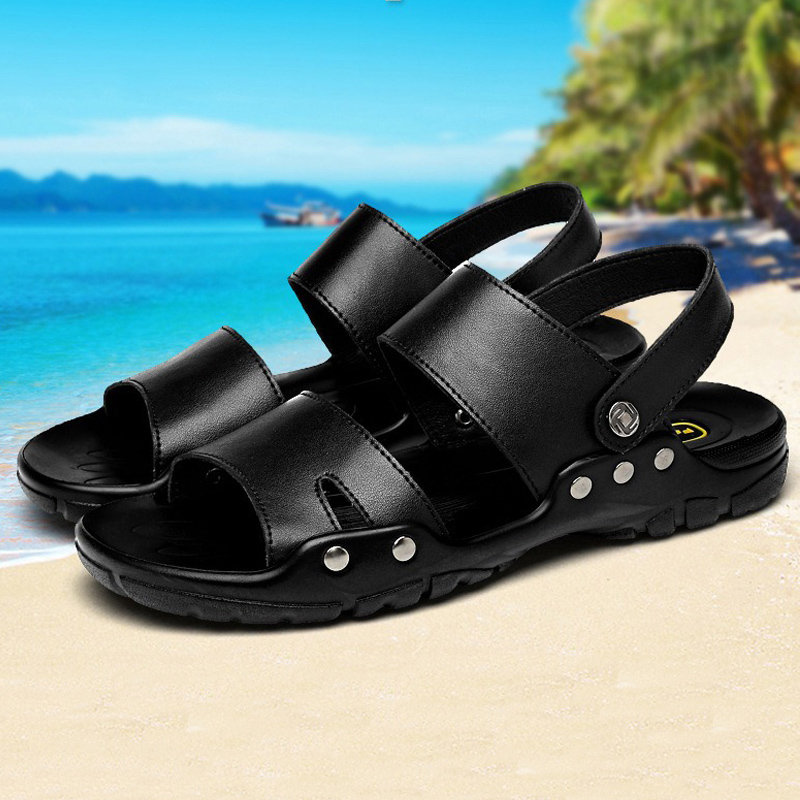 
	Men Pure Color Leather Large Size Non Slip Soft Sole Casual Beach Sandals