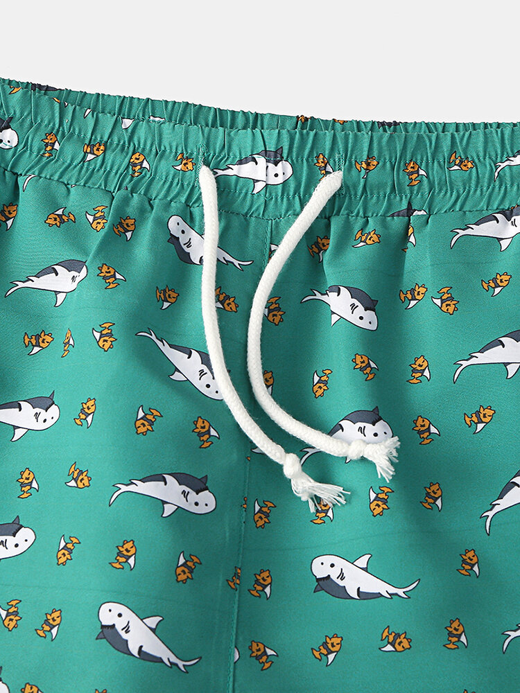 
	Funny Fish Pattern Swim Shorts Green Cute Casual Shorts Beachwear for Men