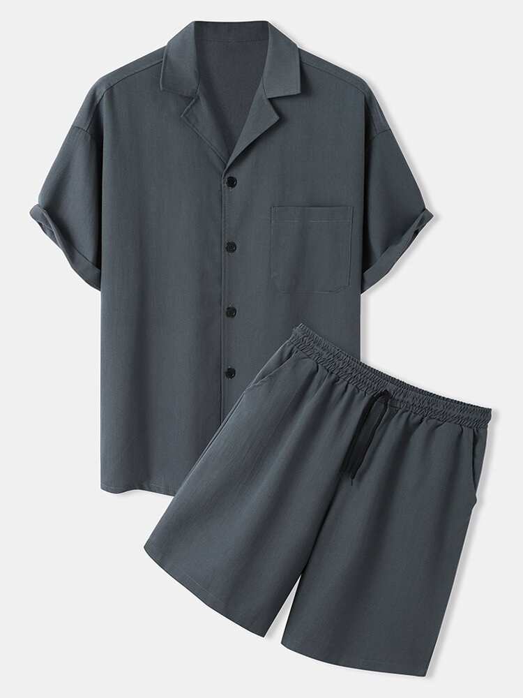 
	Mens Solid Color Revere Collar Button Up Loose Two Pieces Outfits