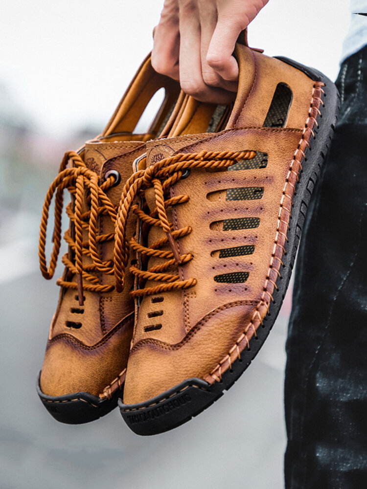 
	Men Closed Toe Hand Stitching Hole Leather Dress Sandals