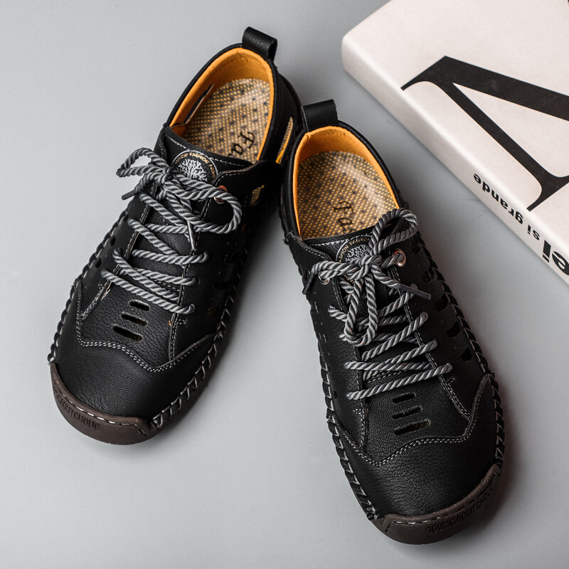 
	Men Closed Toe Hand Stitching Hole Leather Dress Sandals