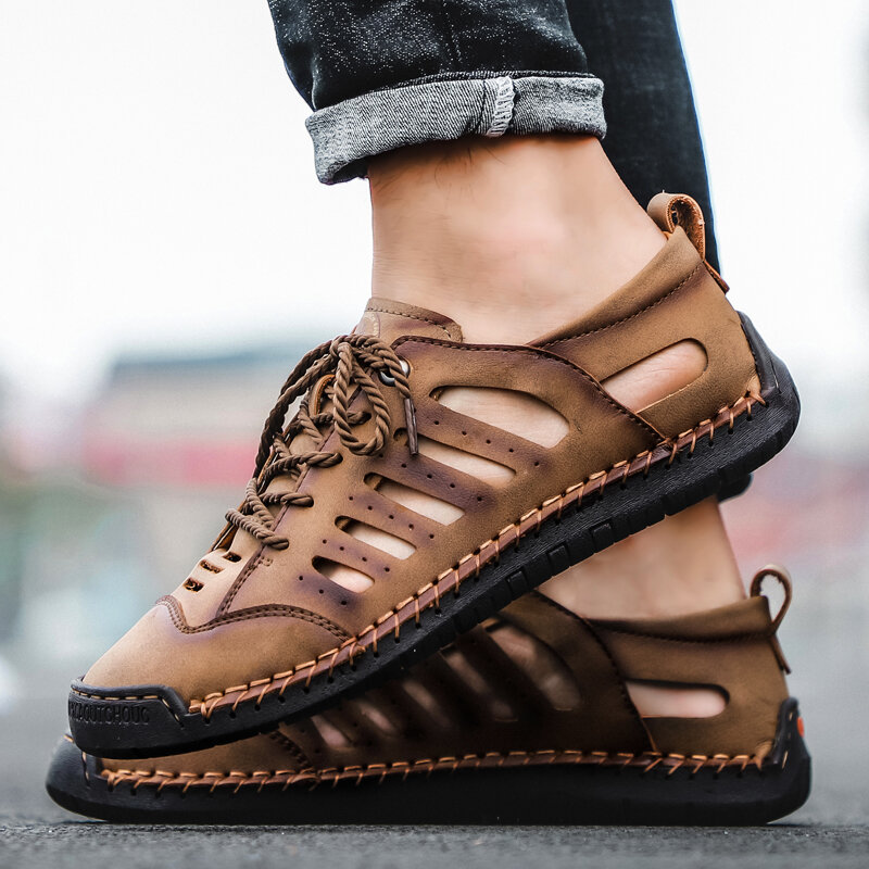 
	Men Closed Toe Hand Stitching Hole Leather Dress Sandals