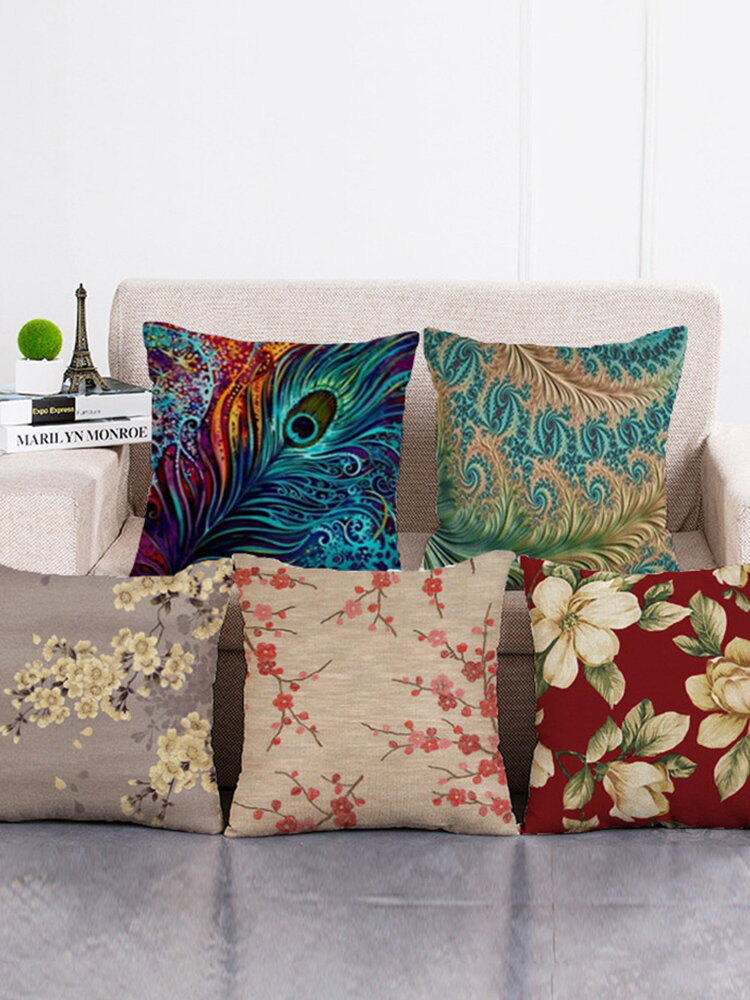 
	Cotton Linen Cushion Cover Square Home Decorative Peacock Flower Pattern Pillow Cases
