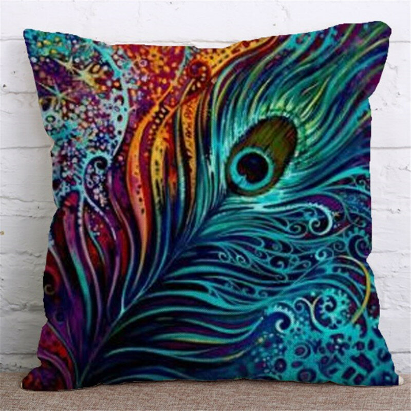 
	Cotton Linen Cushion Cover Square Home Decorative Peacock Flower Pattern Pillow Cases